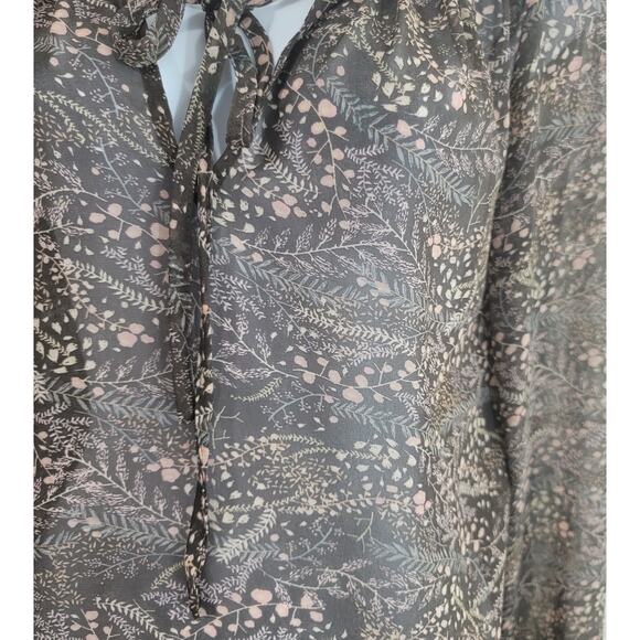 Ann Taylor Loft Brown Pink Sheer Floral Print Shirt XS Tie Front Closure Soft - Picture 2 of 5